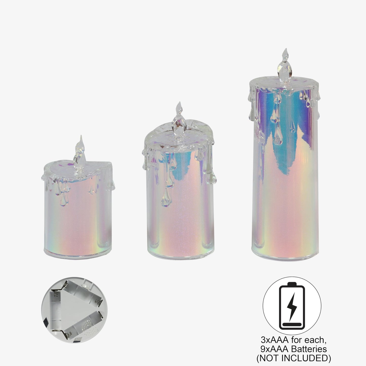 MOMENTS IN TIME 3-Piece Holographic LED Flameless Candle Set Glittering Acrylic Pillar with Realistic Dripping Wax and Flame Effect Home décor. Sizes: 5.5” 7” 9.5” (Batteries not Included)