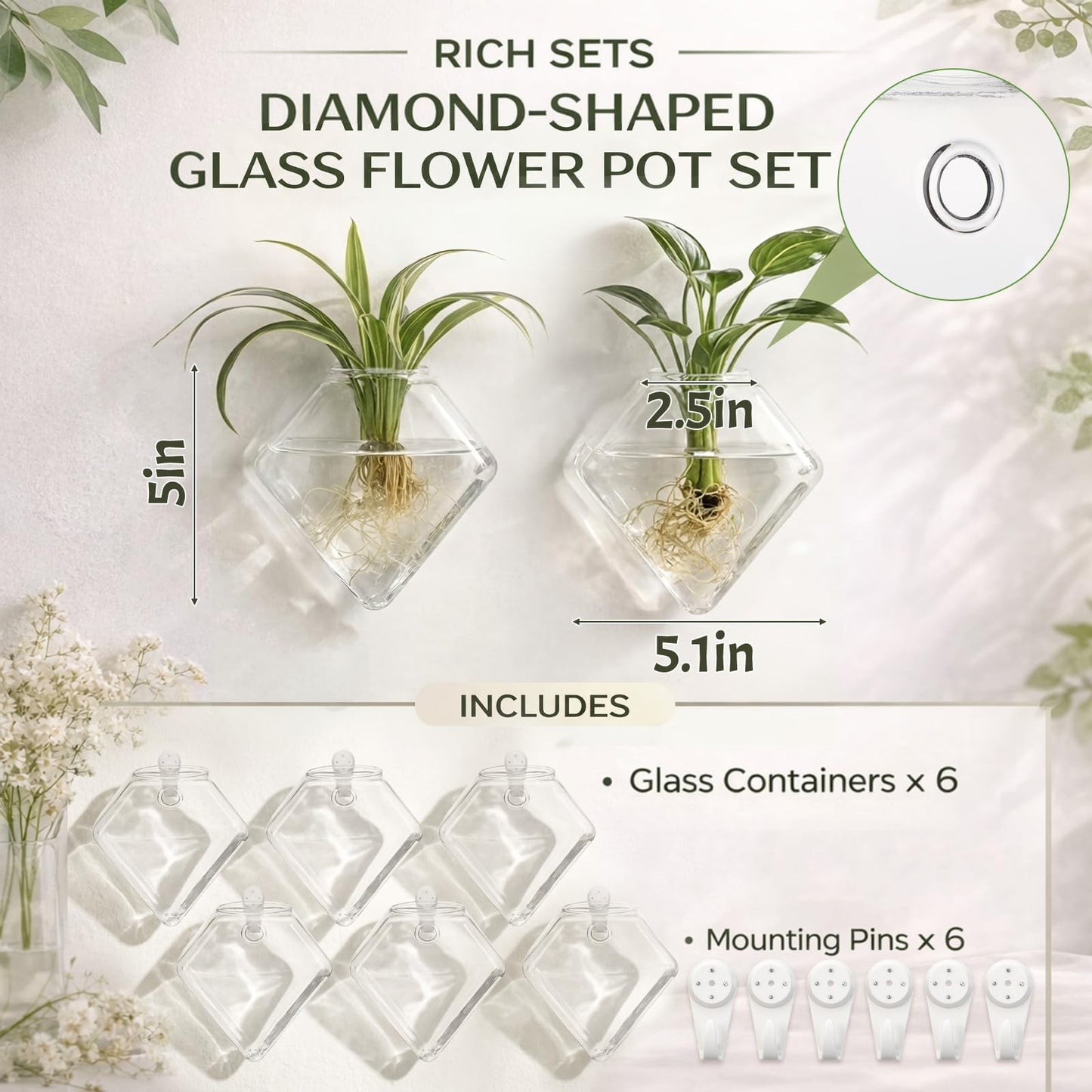 Yungyan 6 Pack Wall Mounted Glass Planter Borosilicate Glass Diamond Hanging Vase with Hidden Invisible Hook Hydroponic Plant Propagation Station Clear Wall Planter for Home Bathroom Office Decor