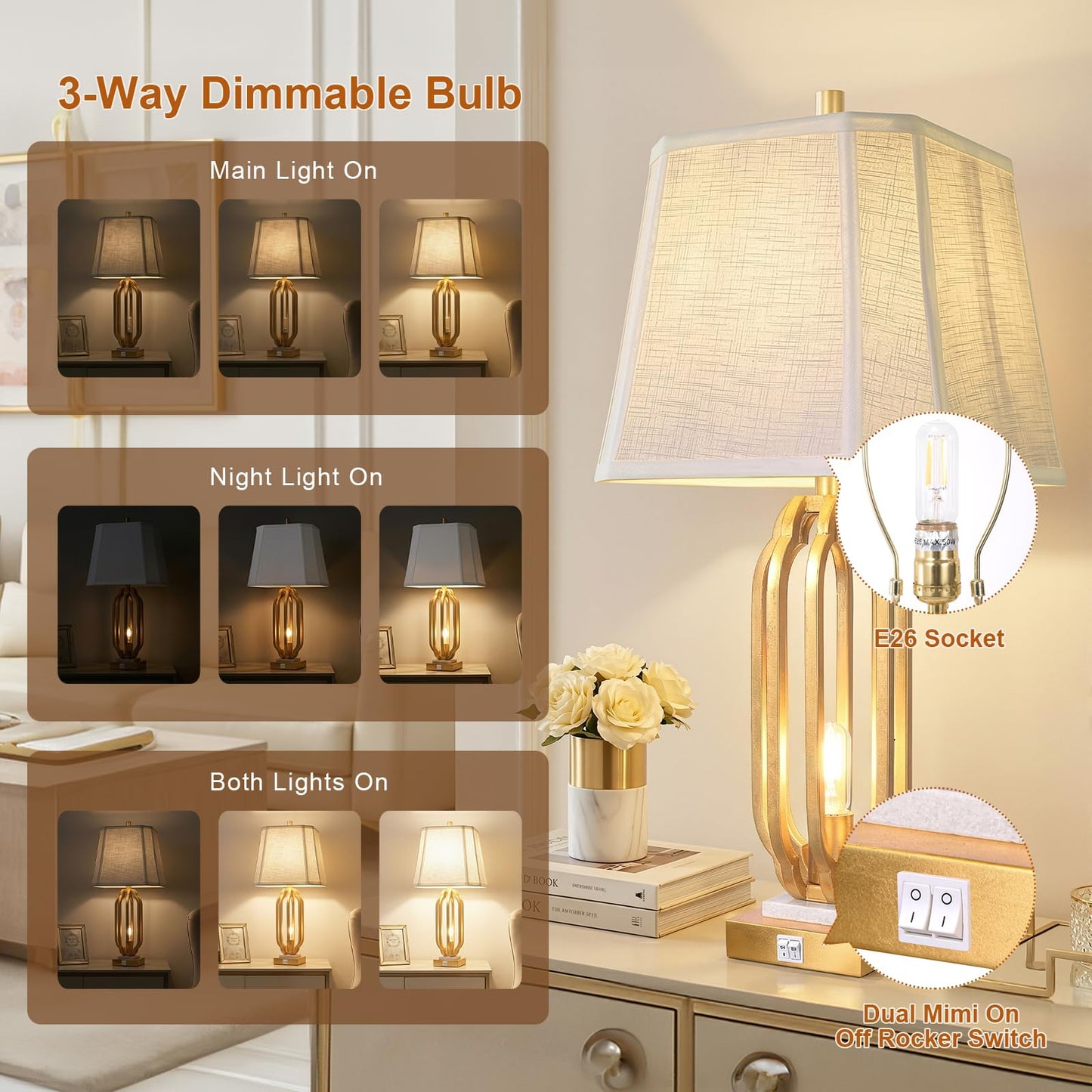 28" Iron Art Table Lamp Set of 2 for Living Room, Modern Gold Leaf Desk Lamps with Nightlight and 2 USB Charging Ports, Farmhouse Bedside Lamp for Bedroom Nightstand, 3 Way Dimmable Bulb Included