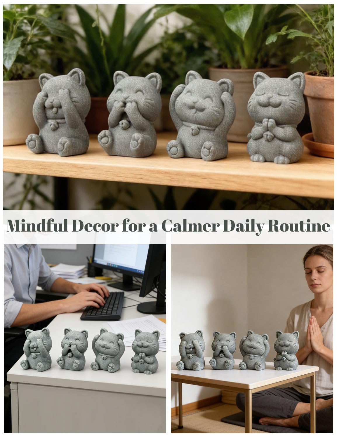 BEIZHAN 4 Piece Cute Cat Figurine Set, Sandstone See no Evil,Hear no Evil,Speak no Evil,Do no Evil Statues, Zen Desk/Garden Decor, Adorable Kitty Accents for Home Office