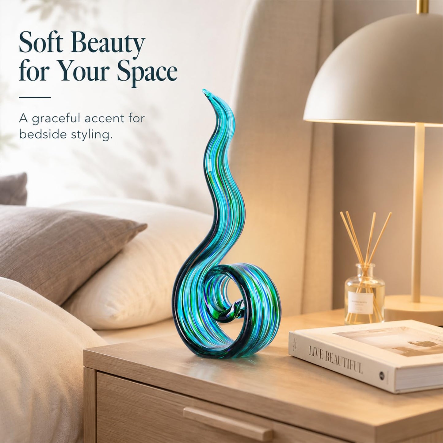 LCCCK 11.4in H Large Table Statue, Teal Hand Blown Glass Sculptures for Coastal Home Decor, Abstract Wave Statue and Tabletop Centerpiece for Entryway Shelf Mantel Office Display, Modern Art Accent