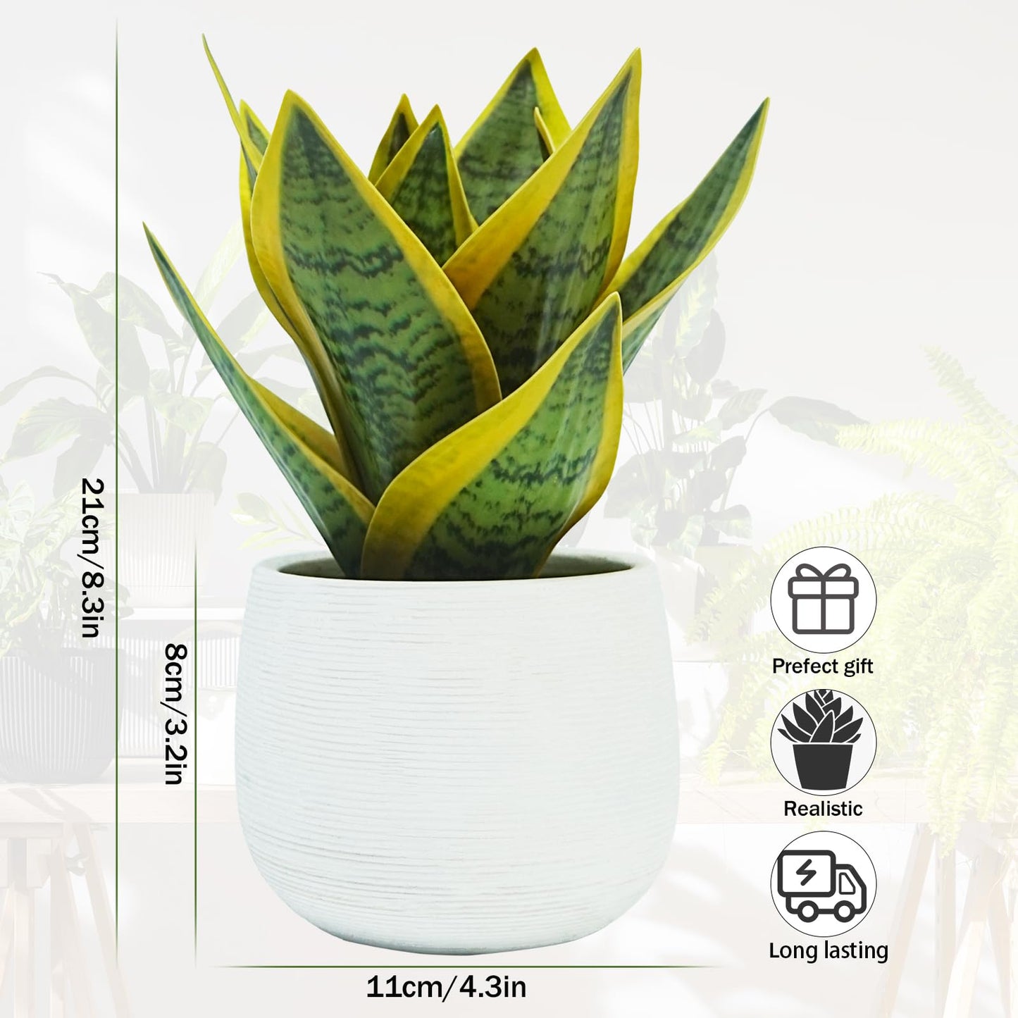 EVERLNESTIO 8" Fake Snake Plant & Faux Agave in White Ceramic Pot | Pet-Friendly Low-Light Sansevieria Greenery, Real Touch Small Fake Plant for Home Office Desk, Bookshelf, Bathroom Decor