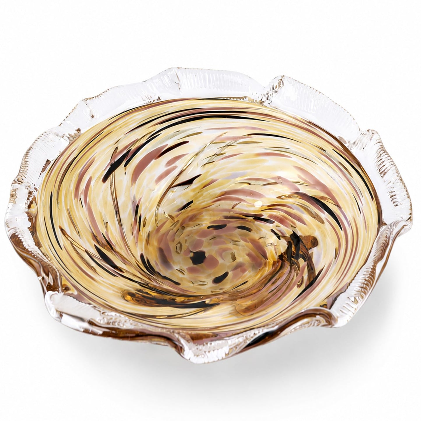 Large Hand Blown Glass Bowl, Ocean Wave Ruffled Rim Decorative Fruit Bowl, Swirled Blown Glass Centerpiece Bowl Glass, Blown Glass Art for Kitchen Counter Fruit Display or Office Candy Bowl (Amber)