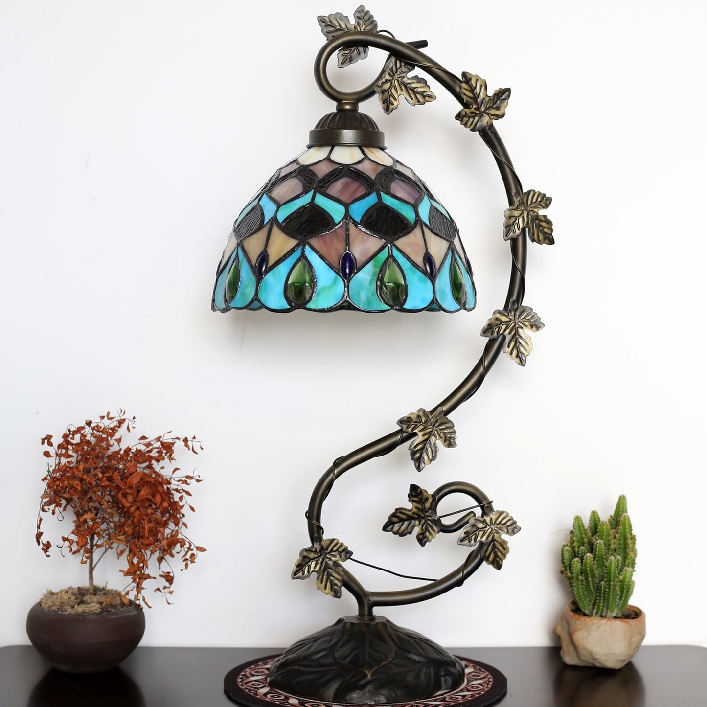 ZYLINX Small Tiffany Lamp Stained Glass Desk Light Blue Phoenix Tail Style