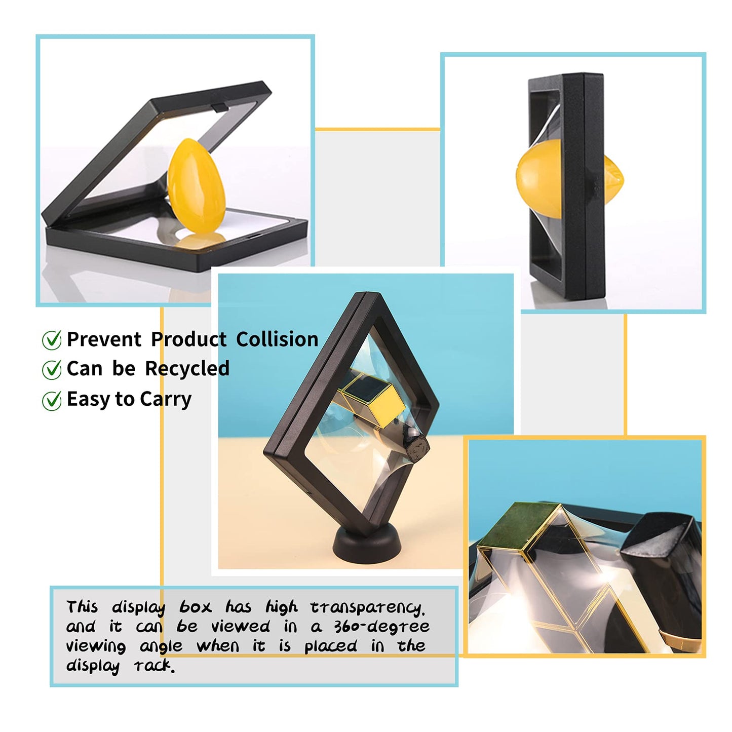 KMOTASUO 3D Floating Display Case, Transparent Film 3D Floating Coin Display Frame Holder Stands for Challenge Coin AA Medallions Jewerly Fossils Rocks, 2.75 x 2.75 x 0.75 Inches (Black-12Pcs)