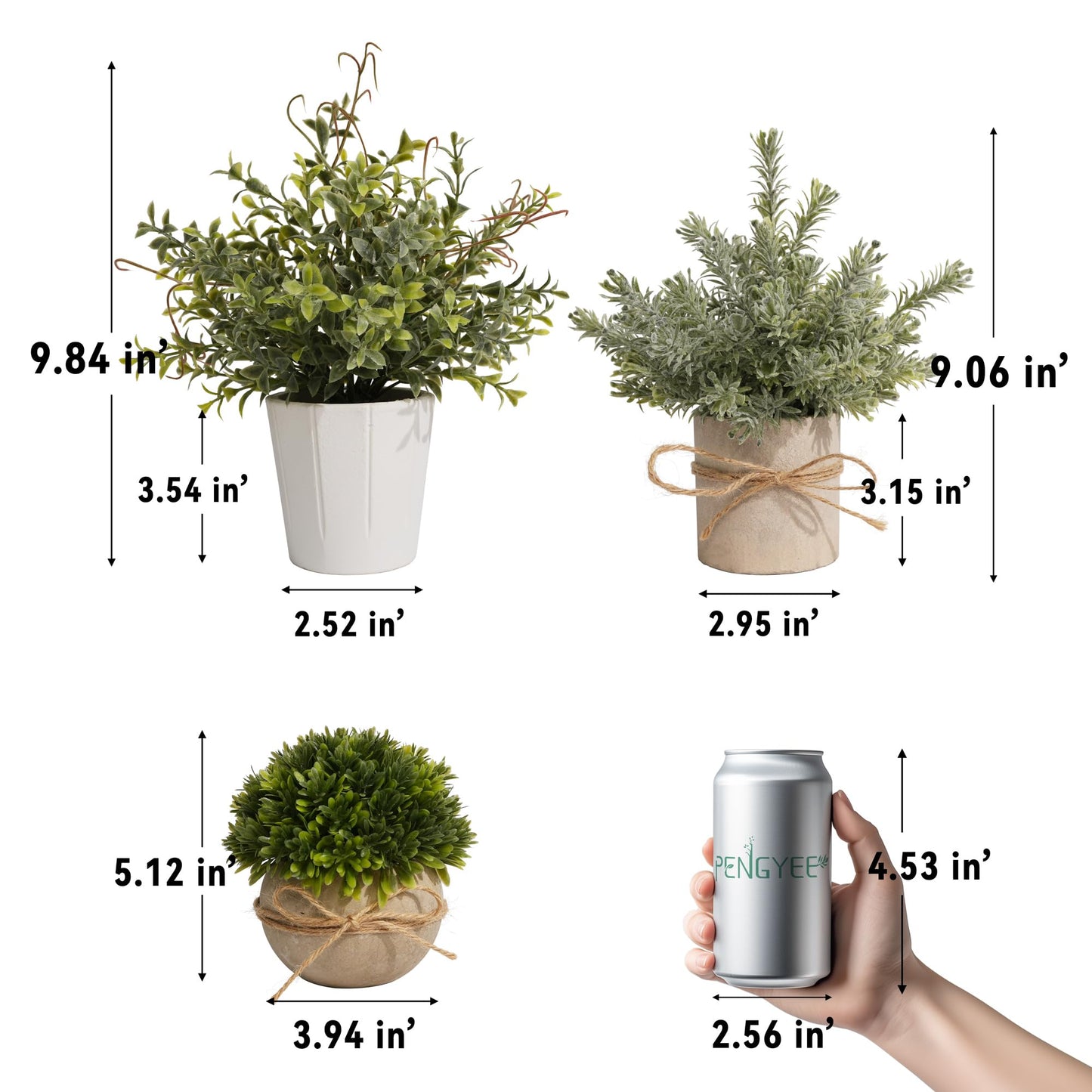 PENGYEE 4 Pack Small Fake Plants in Pulp Pots & 2 Pack Artificial Plants in Cement Planters Bundle