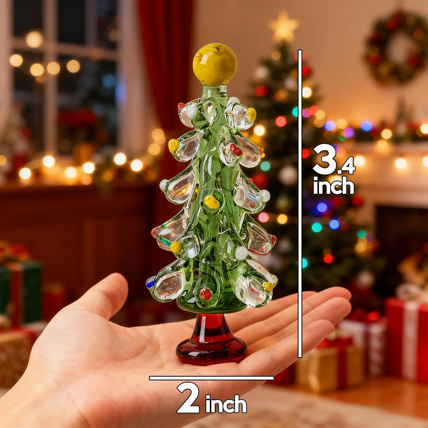 Handmade Glass Christmas Tree with Gift Box, Tabletop Blown Crystal Christmas Tree Gift for Women, Green Small Christmas Figurine Tree Decoration, Healing Stone for Office Home