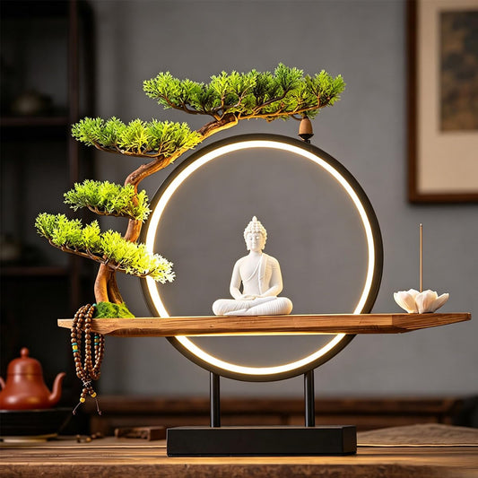 TXYXT Shakyamuni Buddha Ceramic Statue Indoor Backflow Incense Burner with Led Ring Light，Meditation Decoration for Home and Office, Suitable for Cone and Stick Incense