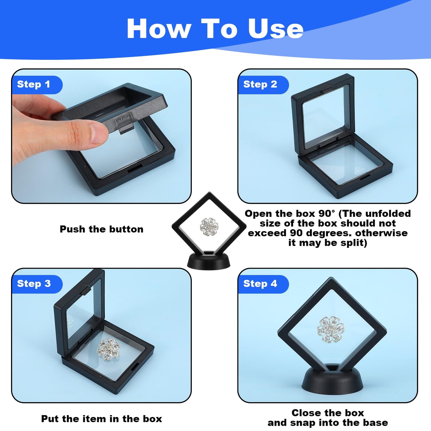 60 Pcs 3D Floating Display Case PE Film Jewelry Storage Box Coins Display Frame Holder Stands for Antique Challenge Coins, Medallion Shells Gems Rocks Pins (Black,2.76 Inch)