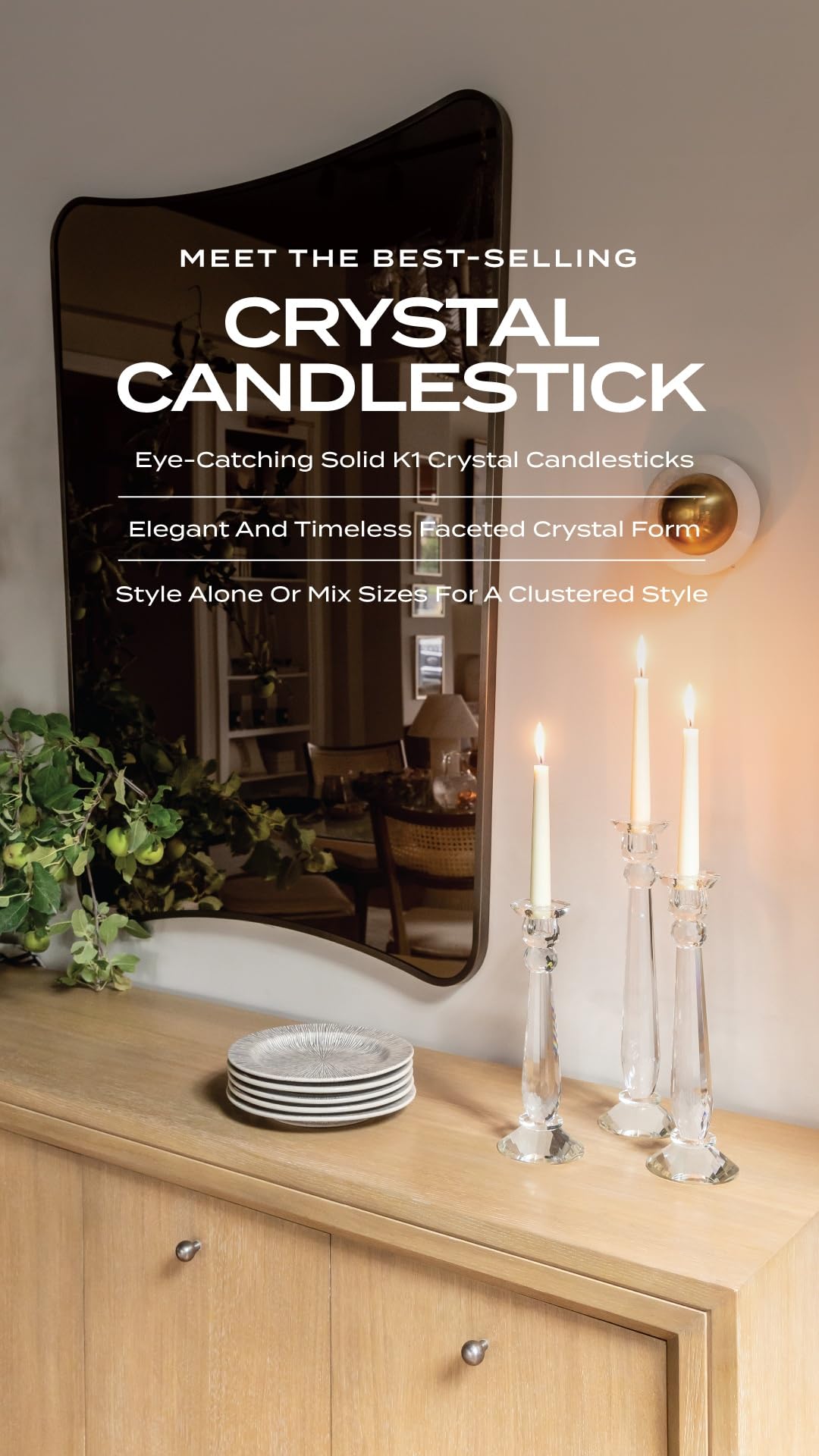 Crystal Candlesticks — by Alice Lane Home Collection — Set of 3 — Decorative Candle Holders — Classic Design for Weddings, Dining and Party — Timeless Home Decor — for Tapered Candles — Size S, M & L