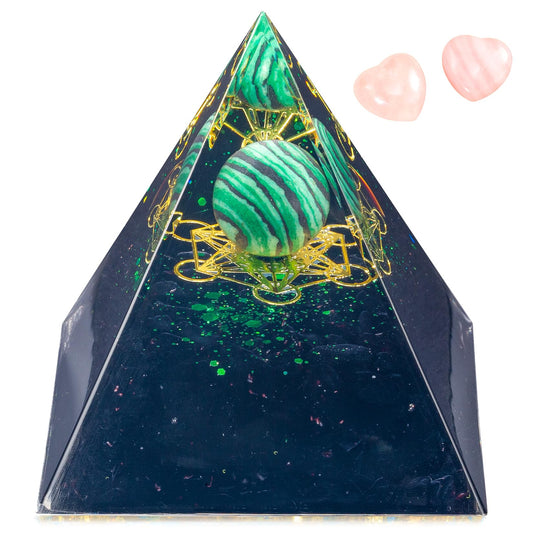 Orgone Crystal Pyramid for Positive Energy, Malachite Sphere Sacred Geometry Healing Crystal Pyramid, Obsidian Crystal Chips Energy Generator, Meditation Energy Healing Decor & 2 pcs Rose Quartz Heart