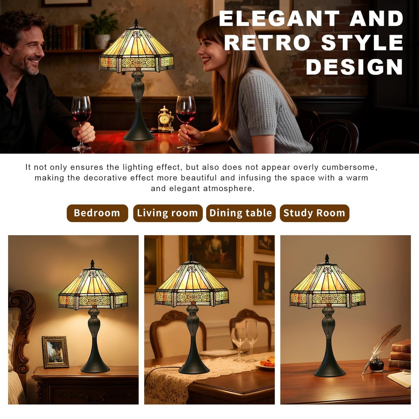 TFNALNB Tiffany Style Table Lamp, Stained Glass Lamp, 12x12x19 Inch, Vintage Metal Base Desk Light,（Amber）