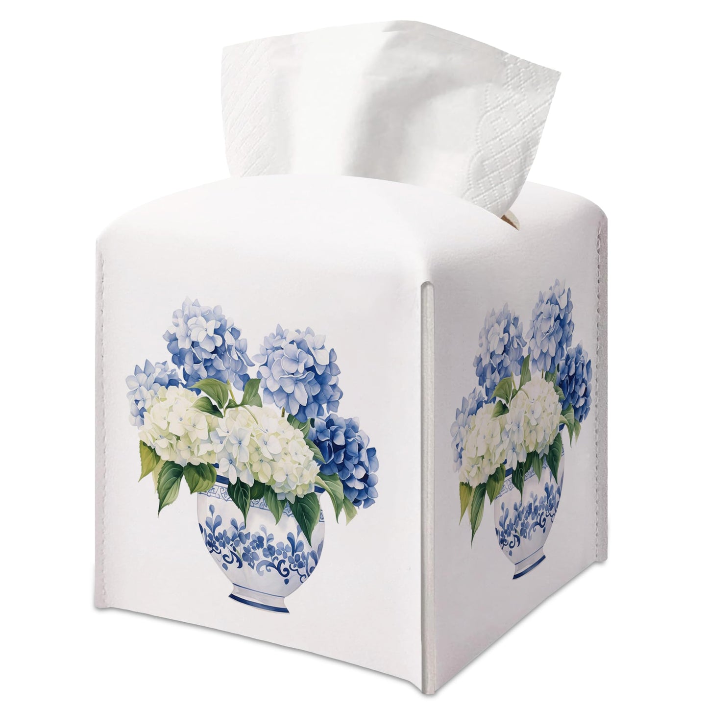 Hydrangea Tissue Box Cover — Chinoiserie Blue and White Floral Decorative Square Faux Leather Tissue Box Holder Dispenser, Hydrangea Accessories for Bathroom Car Home