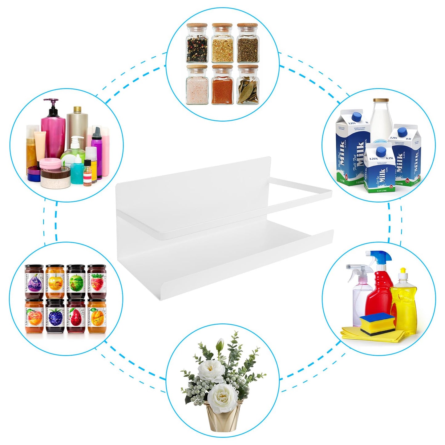Magnetic Spice Rack for Refrigerator, 2 Pack Magnetic Shelf Fridge Organizer for Spice Jars, Magnet Shelves Seasoning Spice Holder with 4 Hooks for Kitchen White Board Pantry Organizers and Storage