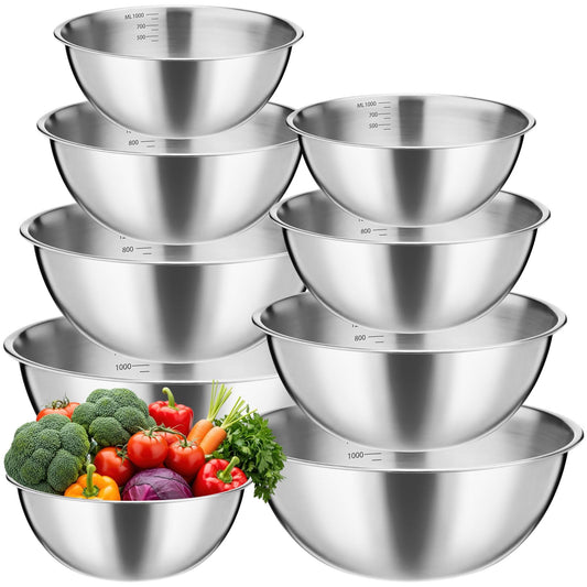 Honeydak 8 Pack Stainless Steel Mixing Bowls with Scale Meal Prep Bowls Dishwasher Safe Stainless Steel Salad Bowl Sizes 1.1, 1.6, 2.2 and 2.64 Qt for Kitchen Baking Cooking Prepping