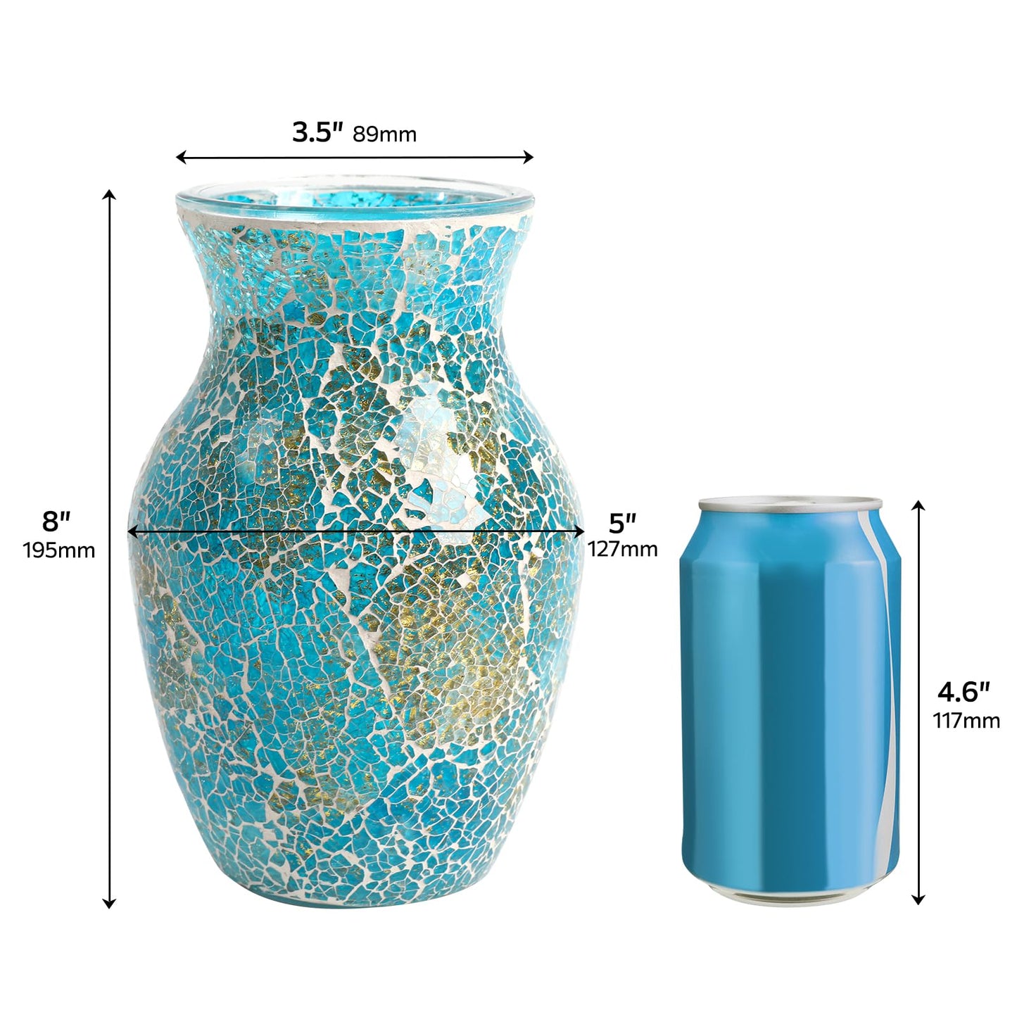 Faticdorr Mosaic Glass Vase, 8 Inch, Beautiful Mosaic Vase for Centerpiece, Home Decor, Wedding, Handmade, Blue and Gold