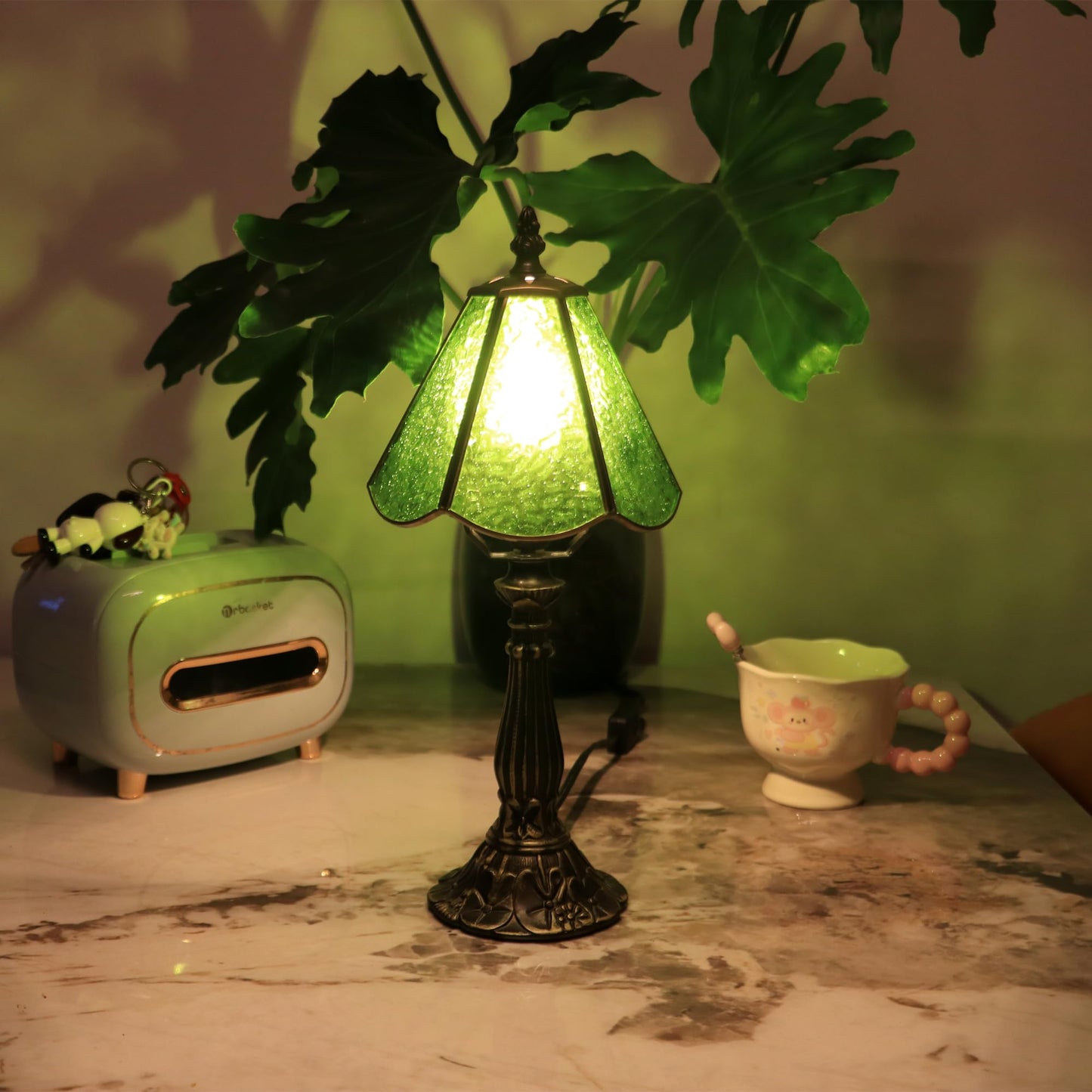 MQYXH Tiffany Style Table Lamp Green Rippled Stained Glass Lamp 14 Inch