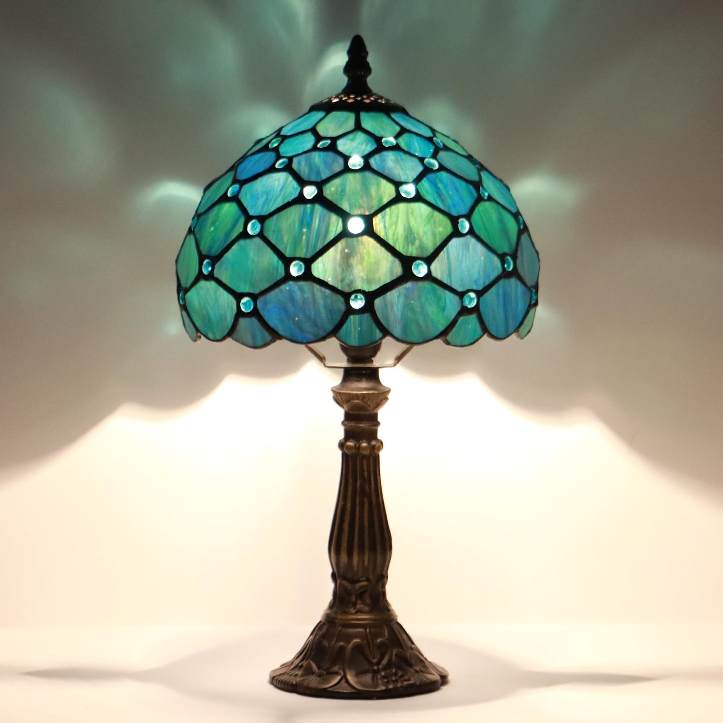 LXHCYOU Small Tiffany Lamp Mini Accent Table Lamp Stained Glass Desk Memory Lamp Sympathy 8X14.5 Inch (Sea Blue Pearl Style)
