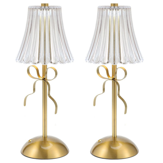 Cordless Table Lamp Set of 2, Rechargeable Small Lamps, 3 Color Dimmable LED Touch Lamps, Acrylic Crystal Lamp Shade, Vintage Gold Bow Night Light for Princess Bedroom, Bar & Home Decor (Flower)