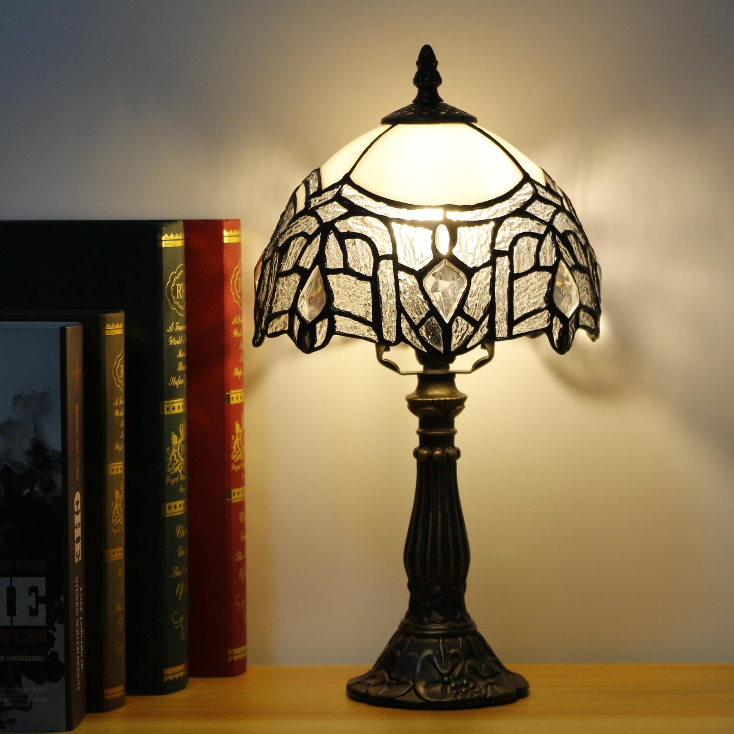 SYETL Small Tiffany Lamp Stained Glass White Crystal Style Desk Lamp