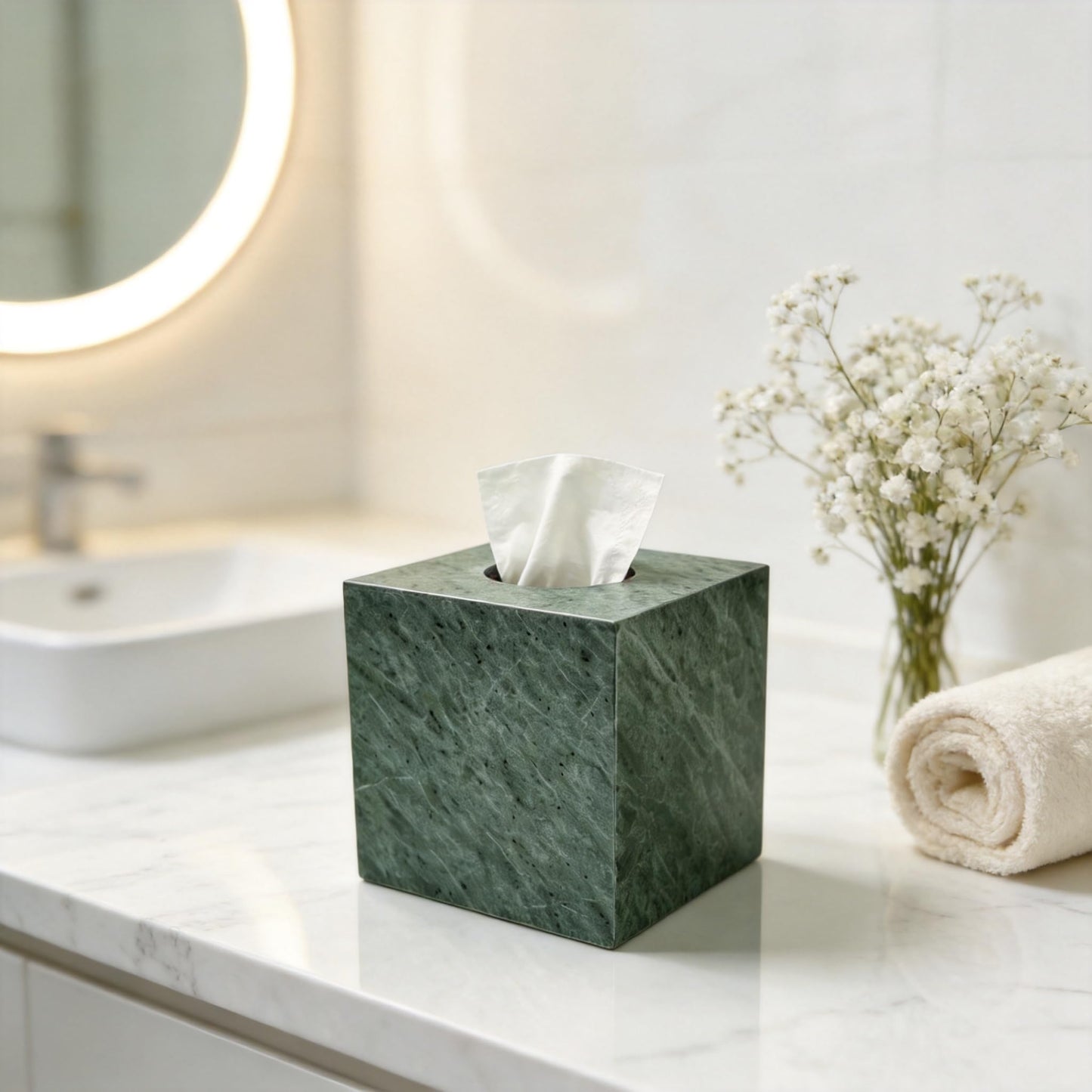 N NANSHOP Natural Marble Tissue Box Holder Cover, Square Cube Tissue Box Holder with Open Bottom for Bathroom Vanity TopsBedroom Dressers, Kitchen Countertop, Indian Green(NS056)
