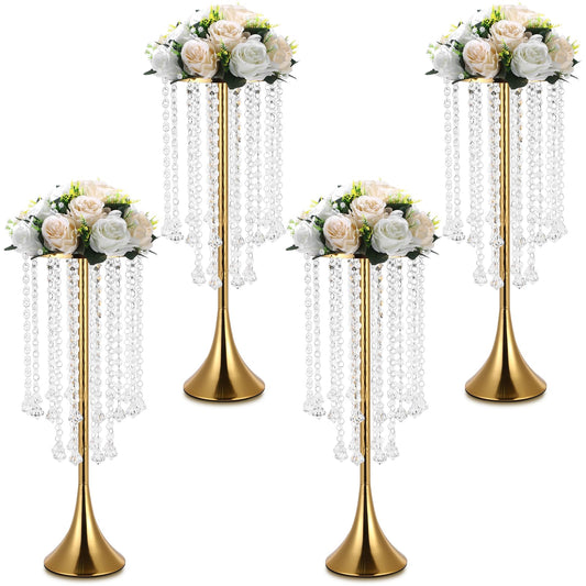 4 Pcs Gold Centerpieces for Table, Rozrety Wedding Centerpiece Vases for Tables 22inch Tall Metal Crystal Flower Stand for Party Event Wedding Anniversary Dinner Home Decorations