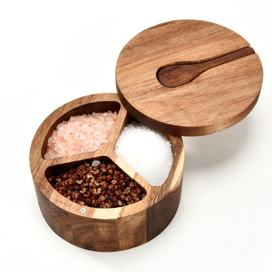JUSTEMI Wood Salt and Pepper Box, 3 Compartment Salt and Pepper Cellar With Lid and Spoon,Spice Condiment Container for Kitchen Countertop