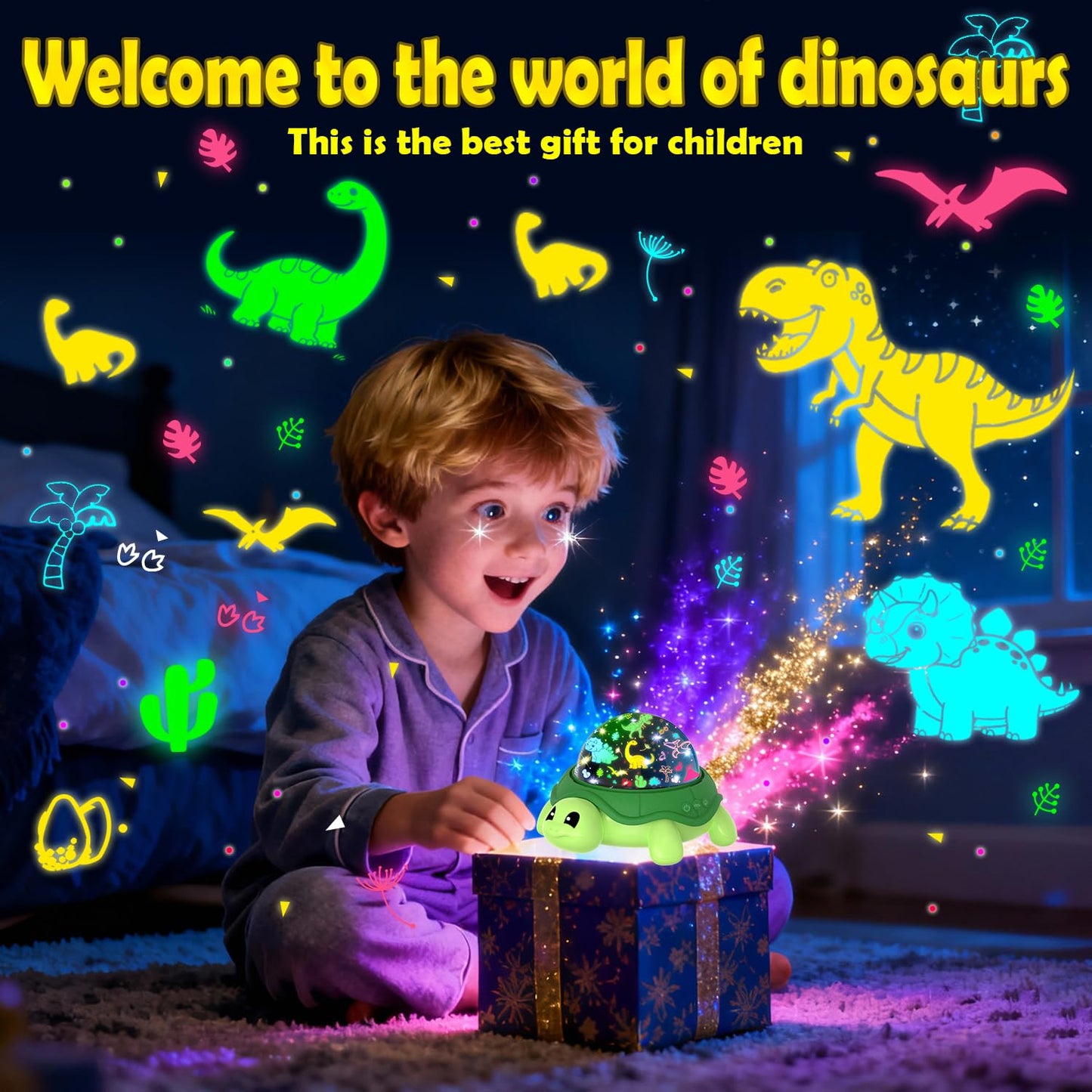 LMYCH Turtle Kids Night Light,Toys for Boys 3-8 Years Old Starry Sky Projector Light,360 Rotation,4 LED Bulbs,16 Light Colors Variable,USB Cable Powered,Ceiling Light for Kids Bedroom