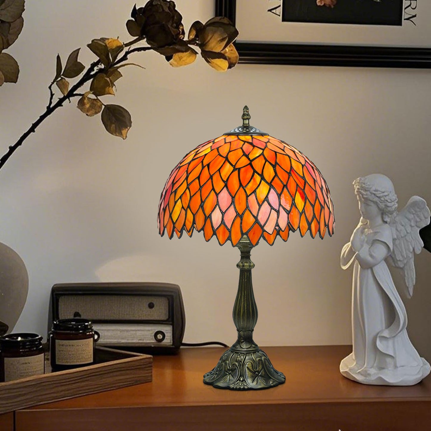Crefotu 12 Inch Tiffany Table Lamps with Remote Control, Stained Glass Lamp with Stepless Dimmable Colors Temperature & Brightness for Living Room Bedroom Office, 9W Bulb Included (Orange)