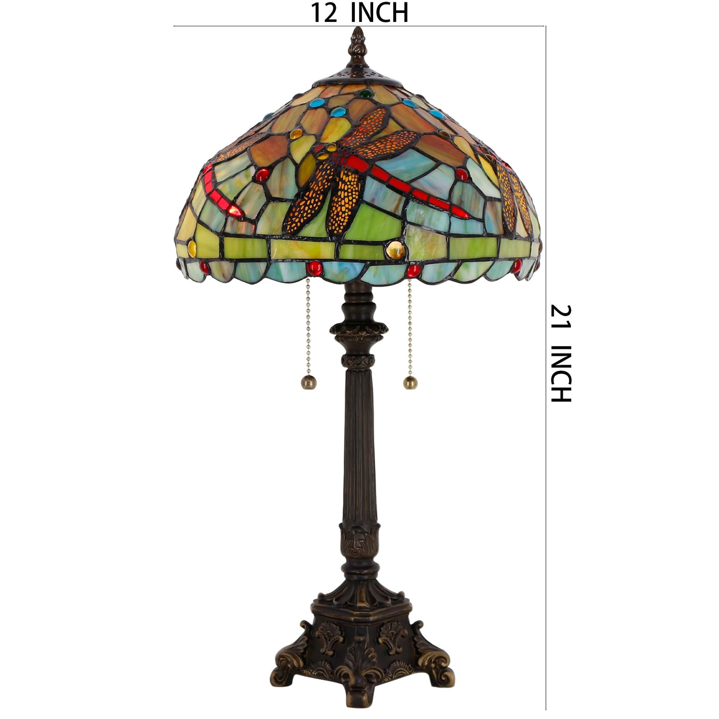 L-Juicwe Tiffany Table Lamp Green Red Stained Glass Desk Lamp 12X12X21 Inches Dragonfly Style Reading Light