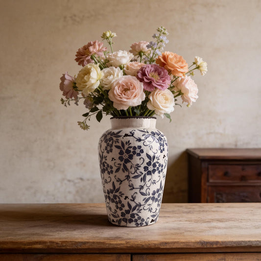 DecoVlog Blue and White Vases, Chinoiserie Ceramic Vase for Home Decor, 9.6" Vintage Vase for Living Room, Centerpiece Table, Shelf, and Balcony Decor (Large)