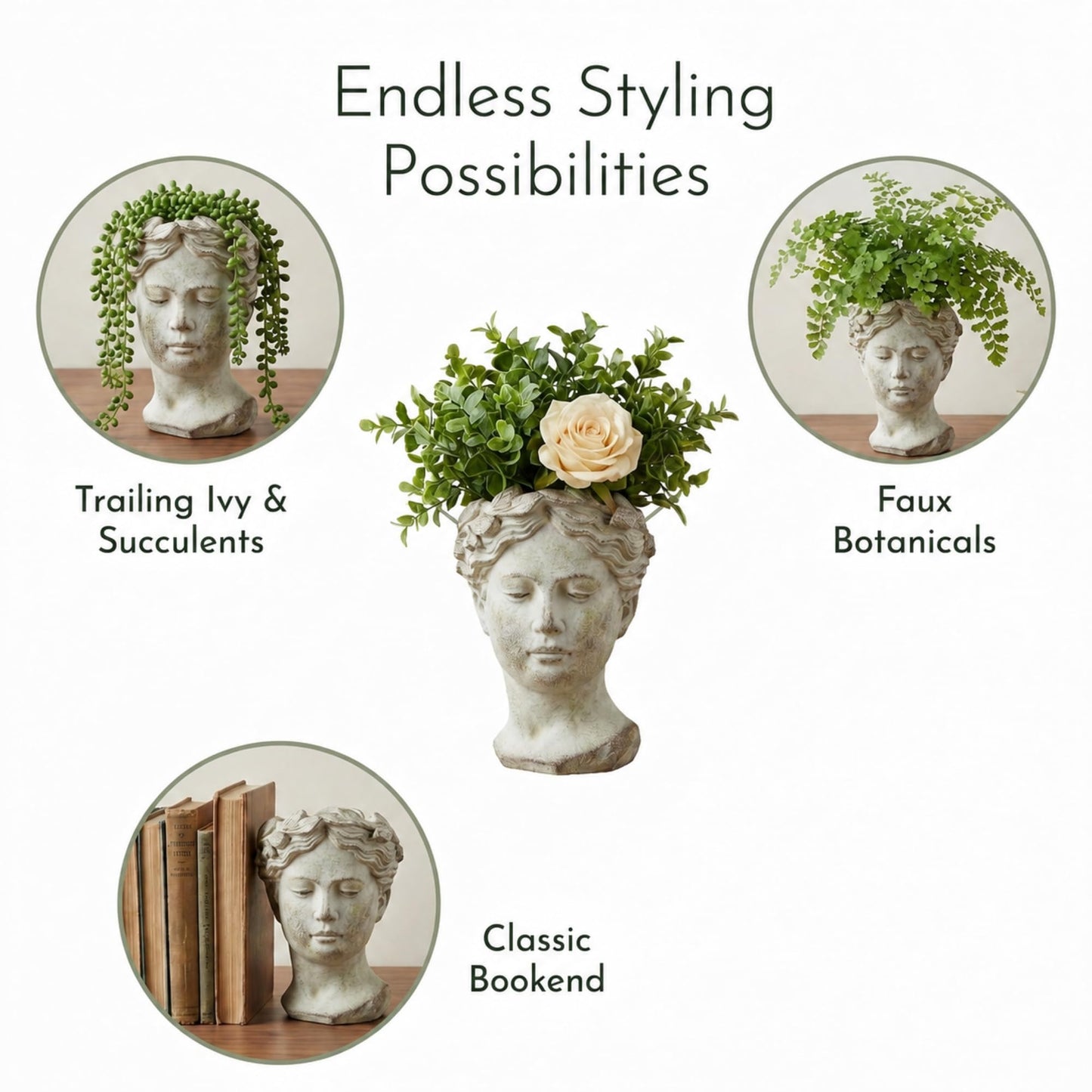 Greek/Roman Style Female Statue Head Cement Planter (Style 1)