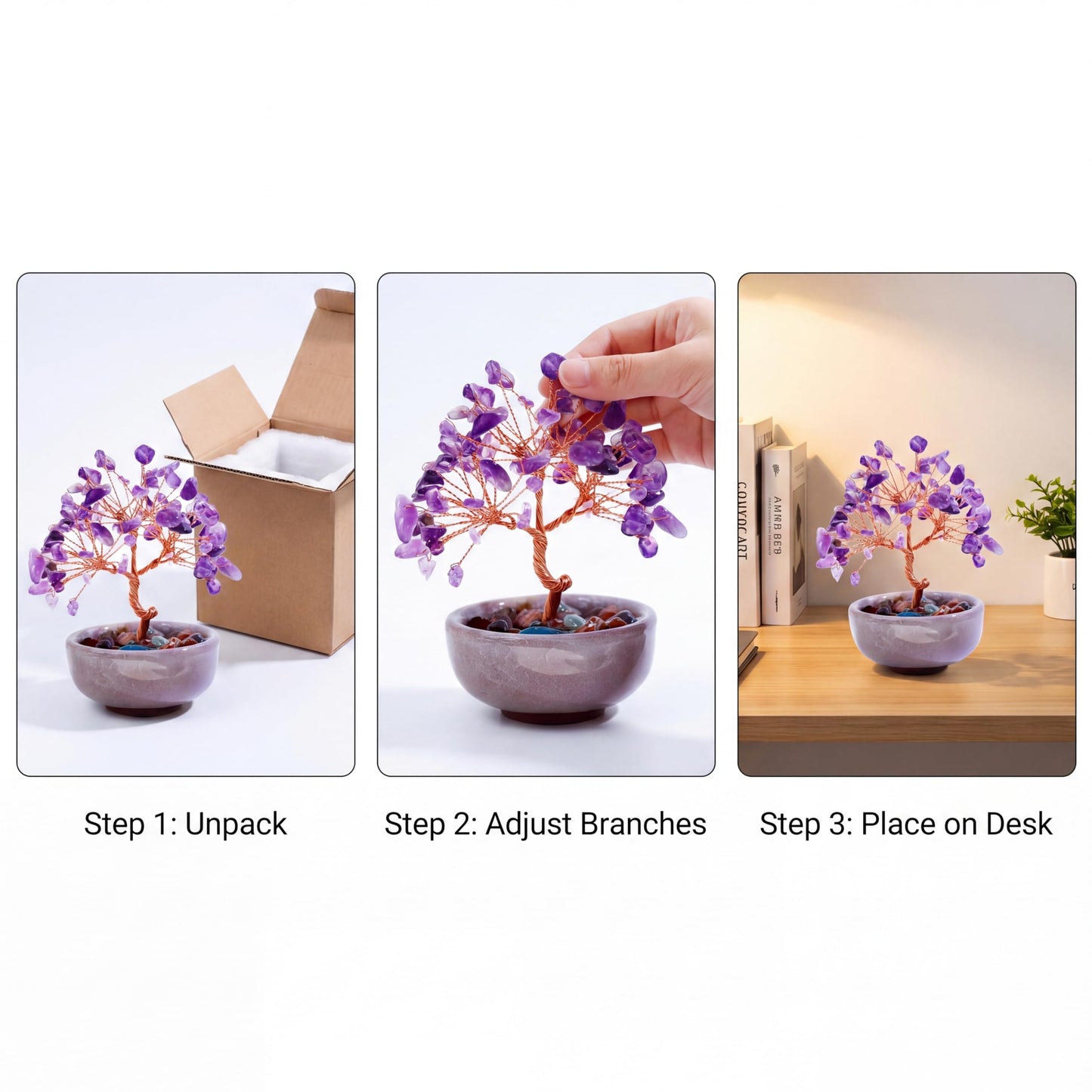 Handmade Crystal Money Tree Feng Shui Bonsai, Gemstone Tree of Life Healing Crystals Wealth Prosperity Decor for Home Office, Perfect Spiritual Gift (Purple)