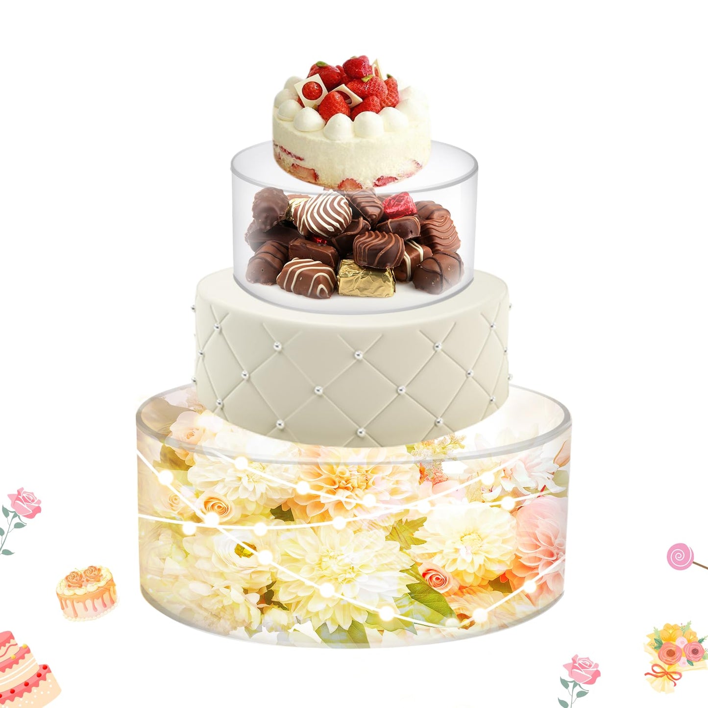 CRAFTIFANO 2Pcs Acrylic Cake Display Stand 8'' 12'' Round 2Tier Clear Cylinder Cake Box for Wedding Birthday Party Decor (8 /12 Inch)