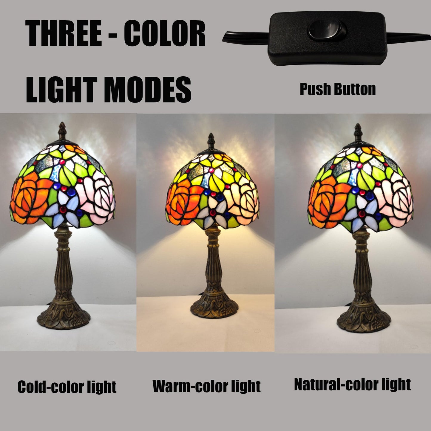 XPHMXP Small Tiffany Table Lamp 8 Inch Tiffany Style Desk Lamp Stained Glass Antique Light Decoration Bedroom Bedside Lamp Retro Reading Lamps (Yellow Pink Roses Style)