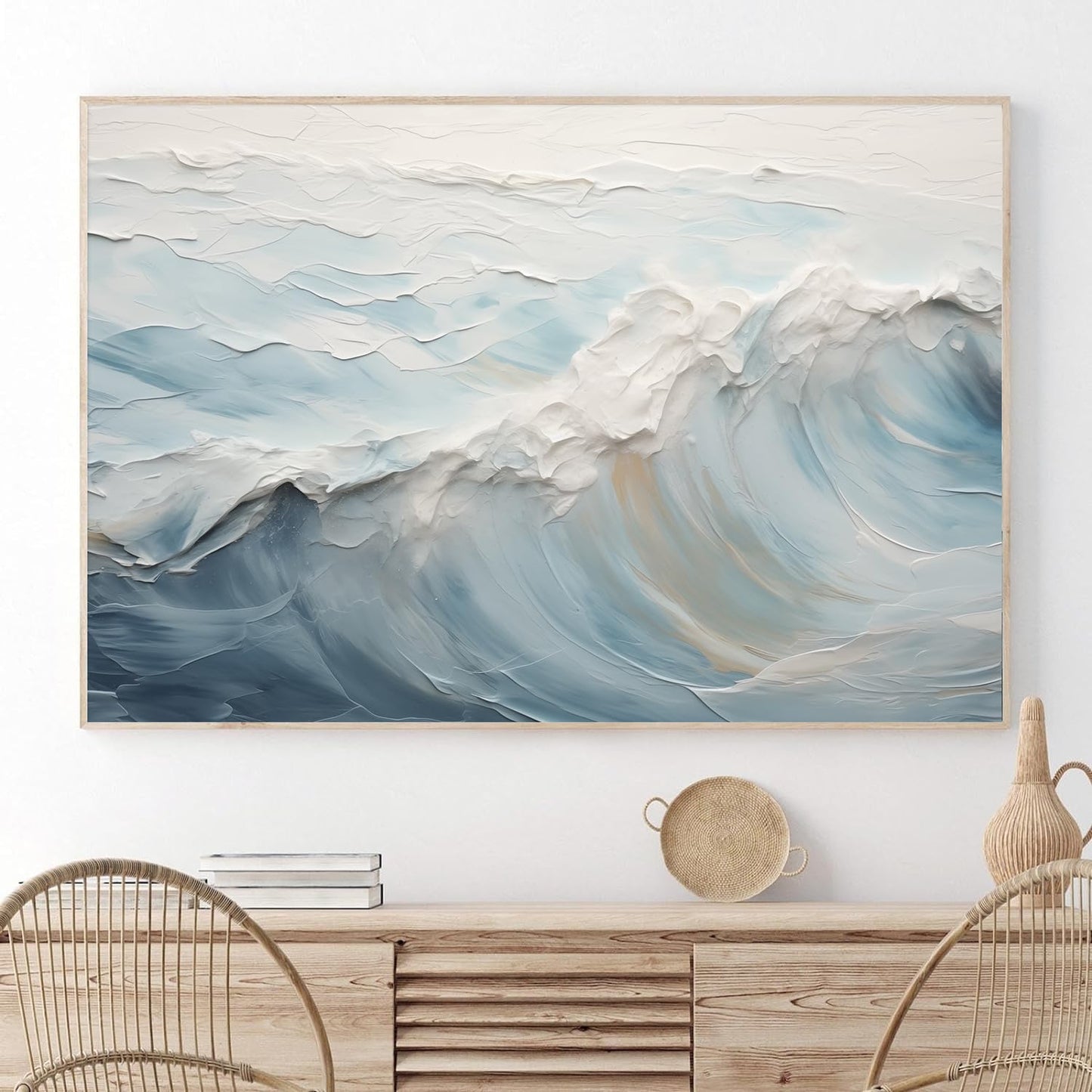 Neutral Ocean Wall Art Abstract Seascape Painting Trendy Beach Prints Ocean Landscape Pictures Wall Decor Blue and White Coastal Prints Abstract Wave Poster for Livingroom Bedroom 16x24in Unframed