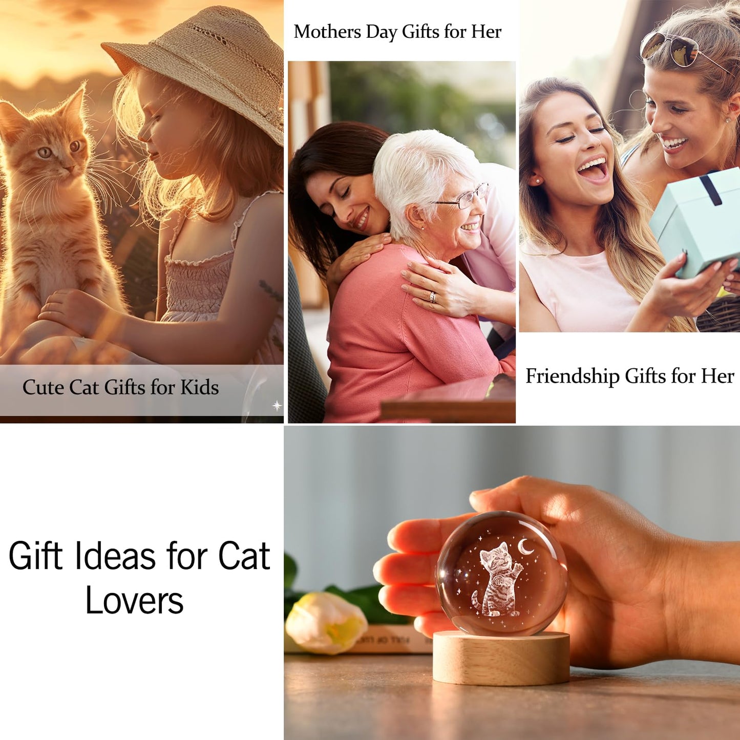 IFOLAINA Cat Lovers Gifts for Women 2.36" Crystal Ball with Wooden Light Base 3D Cat Themed Gifts for Mom Wife Friends Birthaday Mothers Day Crystal Decorative Globe Lamp Decor