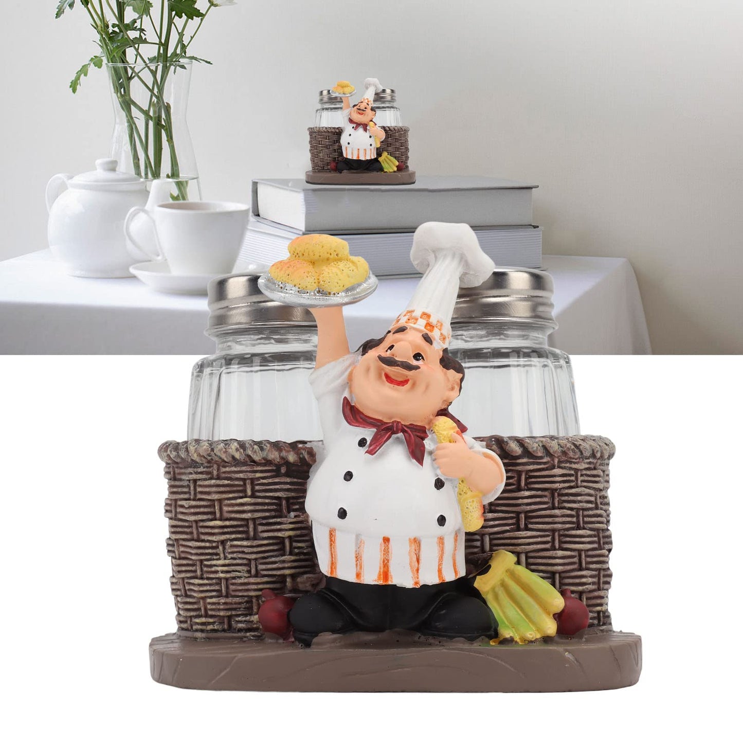 Salt and Pepper Shaker Sets, 2Pcs Shaker Spice Bottle with French Chef Sculpture Decoration Sitting Chef Decorative Statue Spice Organizer for Kitchen