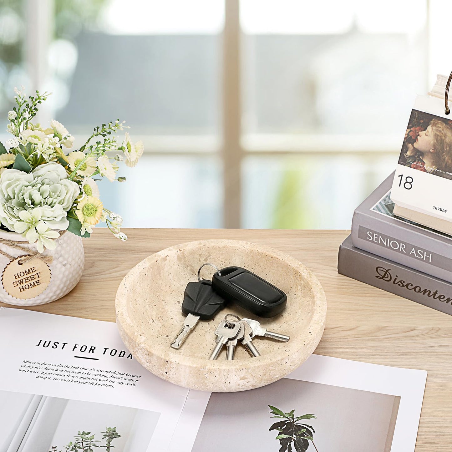 Hipiwe Key Holder for Entryway 7.9" Round Key Bowl Decorative Travertine Tray Nightstand Organizer Trays Jewelry Dish for Jewelry Ring Trinket Storage Home Decor