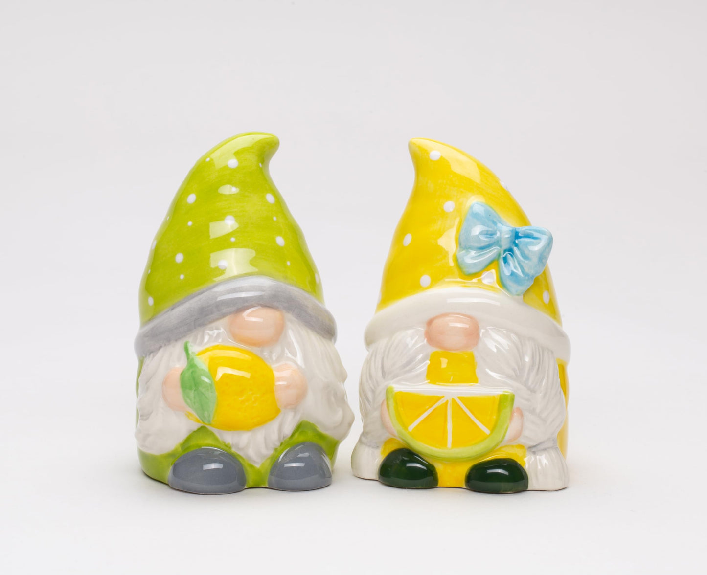 Fine Ceramic Summer Lemon Lime Cool Gnome Couple Salt & Pepper Shakers Set, 3-5/8" H