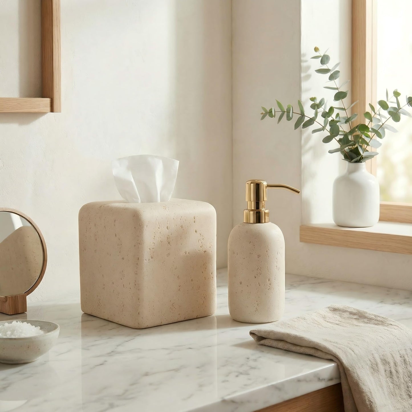 Weighted Travertine Stone Composite Tissue Box Cover Square with Anti-Slip Pads – Artisanal Stone Tissue Holder & Tissue Box Holder for Bathroom, Living Room & Office, Rounded Corners