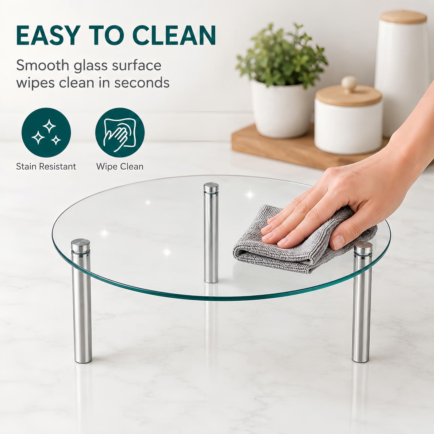 3 Piece Tempered Glass Display Stands Set, 3 Tier Clear Countertop Organizer Risers with Stainless Steel Legs, 9'' 11'' 13'' Round Display Shelves for Kitchen, Bathroom, Vanity and Retail Display