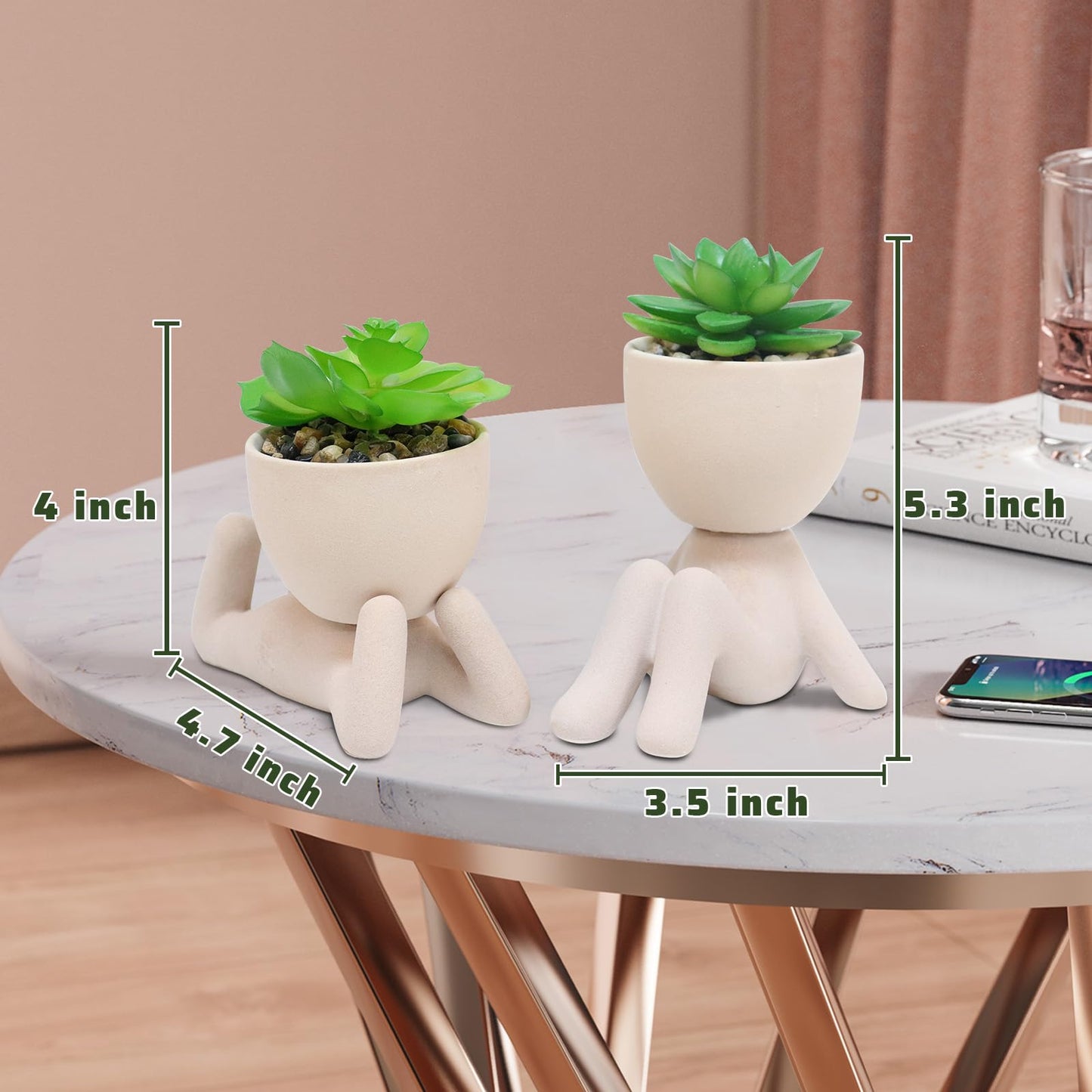 Zerzsy 3pcs Creative Artificial Succulents with Gray Flower Pots Bundle with 2PCS Cute Artificial Succulent Plants with Creative Human Shaped Pots
