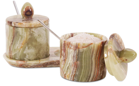 Marble Salt Cellar with Lid and tray 4 Inch Green Onyx Handmade Salt Container, Set of 2 Seasoning Jars, Spice Storage Containers for Kitchen Countertop, Sugar Bowl