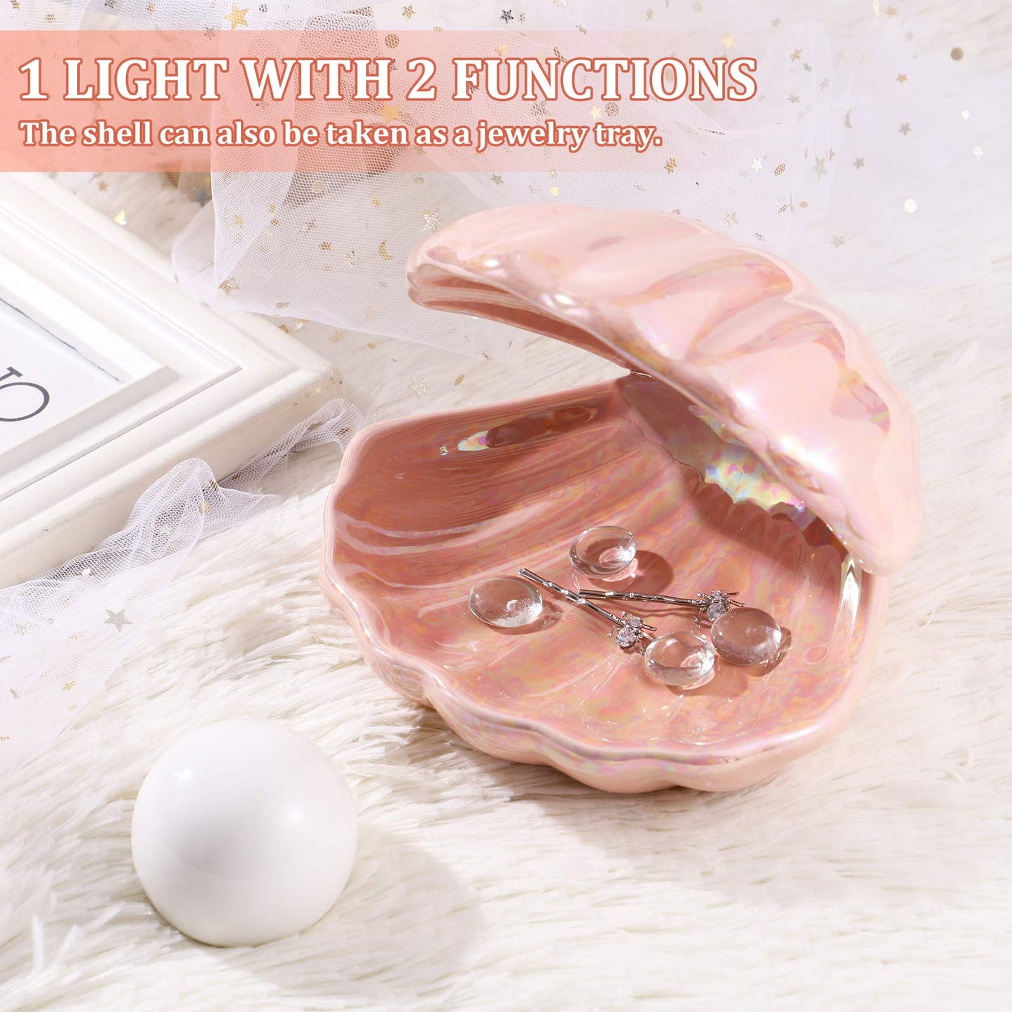 IMIKEYA Shell Pearl Light, LED Ceramic Pearl in Shell Night Light Desktop Portable Ocean-Inspired Seashell Lamp for Bedroom Home Decor, Pink