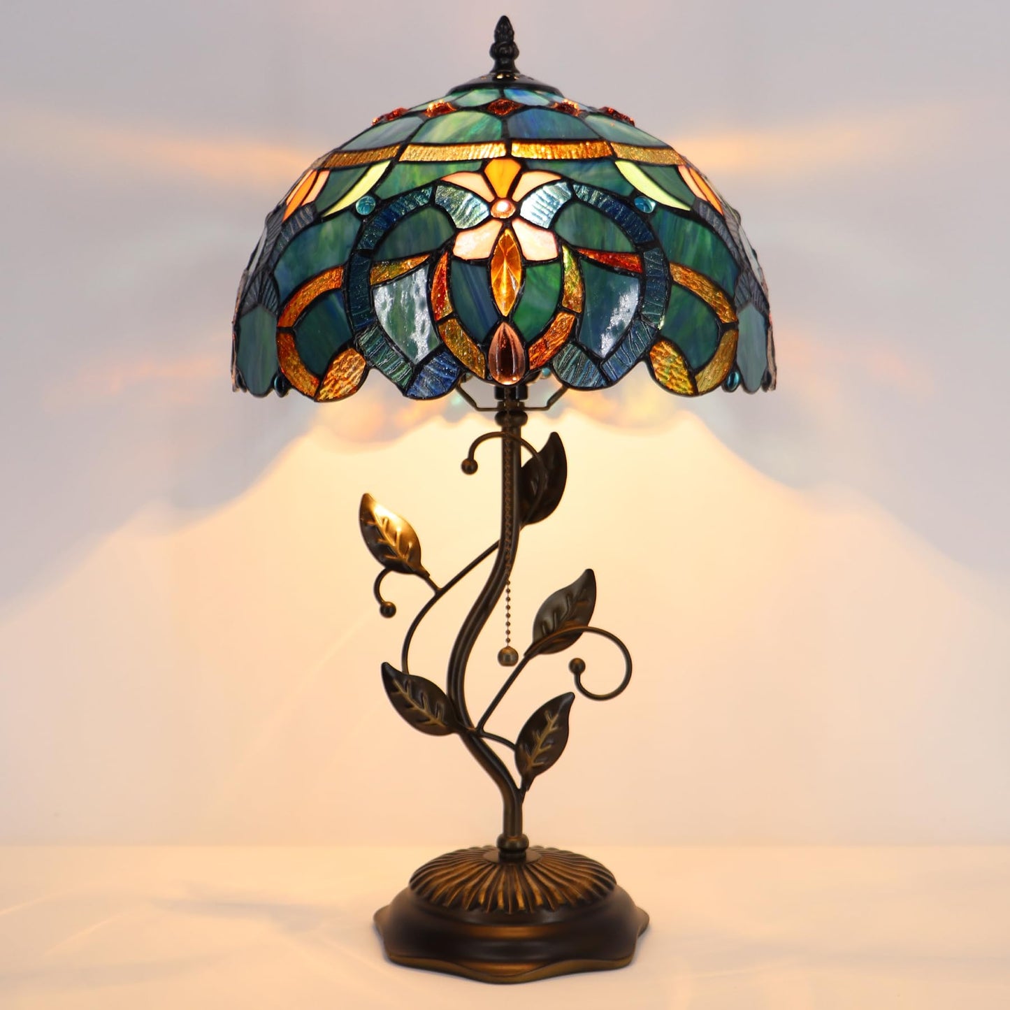 LXHCYOU Tiffany Table Lamp, Stained Glass Desk Light, W12H19 Inch, Metal Leaf Base (Blue Baroque Style)