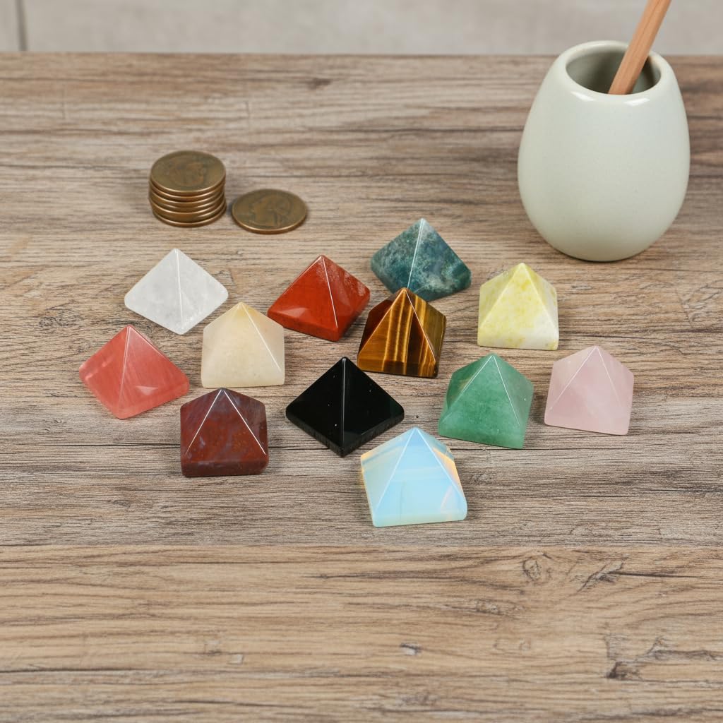 12 PCS Natural Chakra Crystal Pyramid Set – Opalite/Rose Quartz/Topaz/Obsidian Healing Crystals, Small Pyramids for Meditation, Energy Balancing, Reiki, Home Decoration