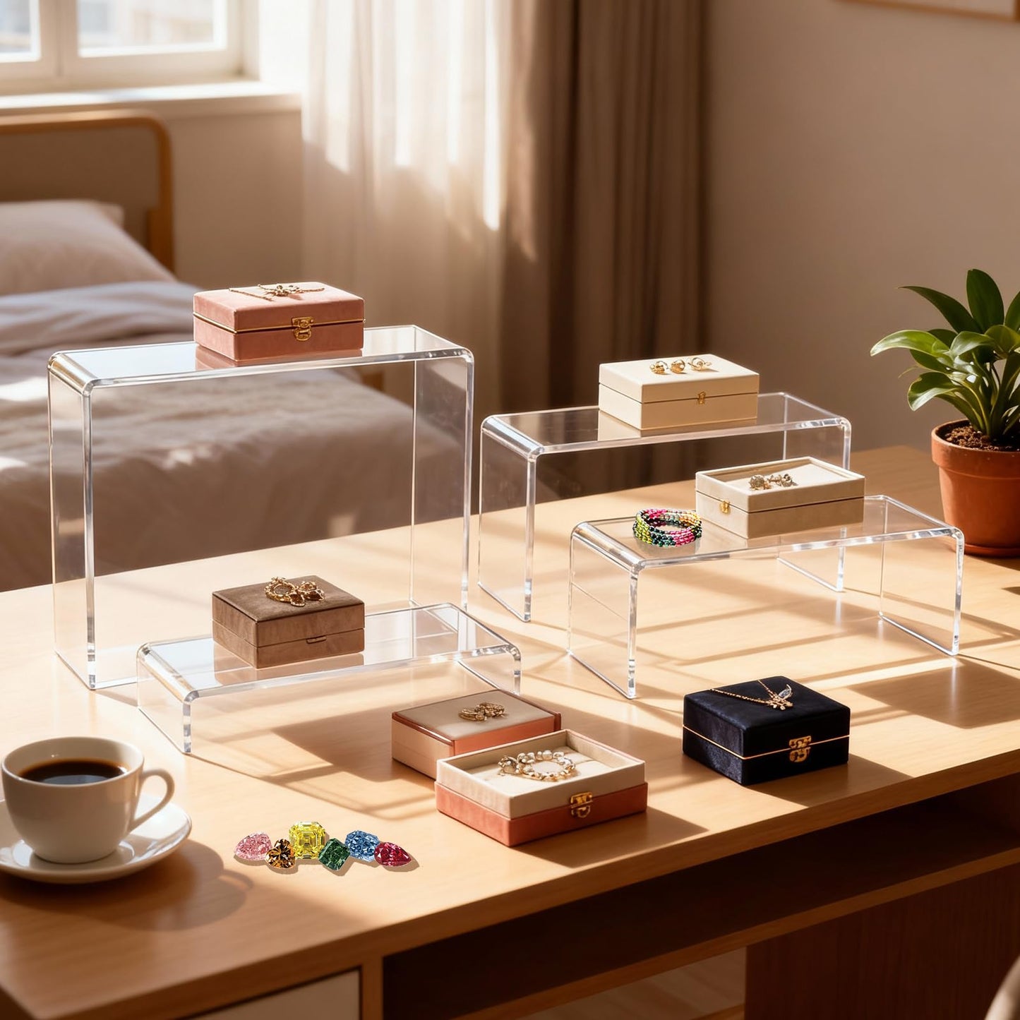 StyEdEk 16 Pcs 4 Set Acrylic Risers 4 Sizes(7" L~9" L) Riser Display Shelf Cupcake Stand Display Cabinet Clear Rectangular Display Stands Set for Figures, Jewelry, Perfume, Dessert Table Display