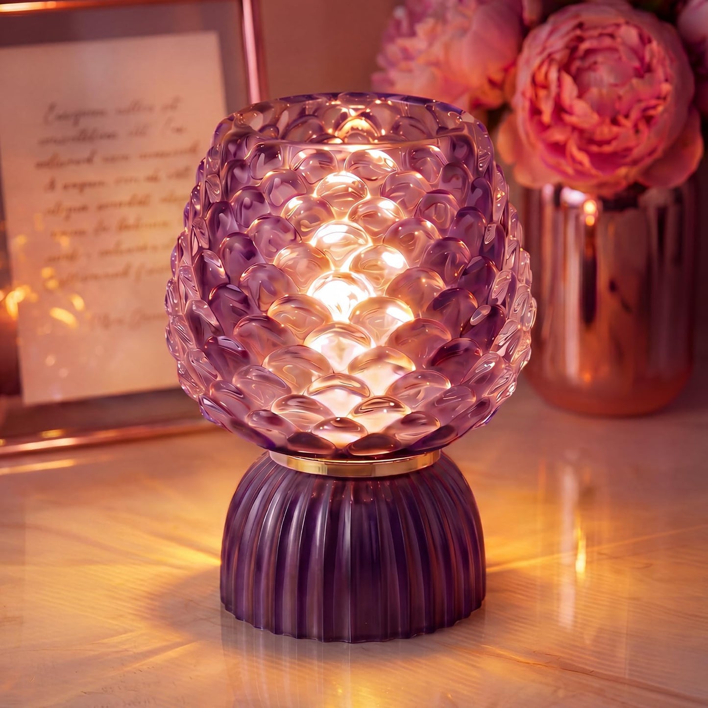 SisiHokai Battery Operated Lamp with Timer, Cute Small Cordless Glass Table Lamp for Home Decor, Kitchen, Bathroom, Birthday Gift for Women, Pinecone, Purple
