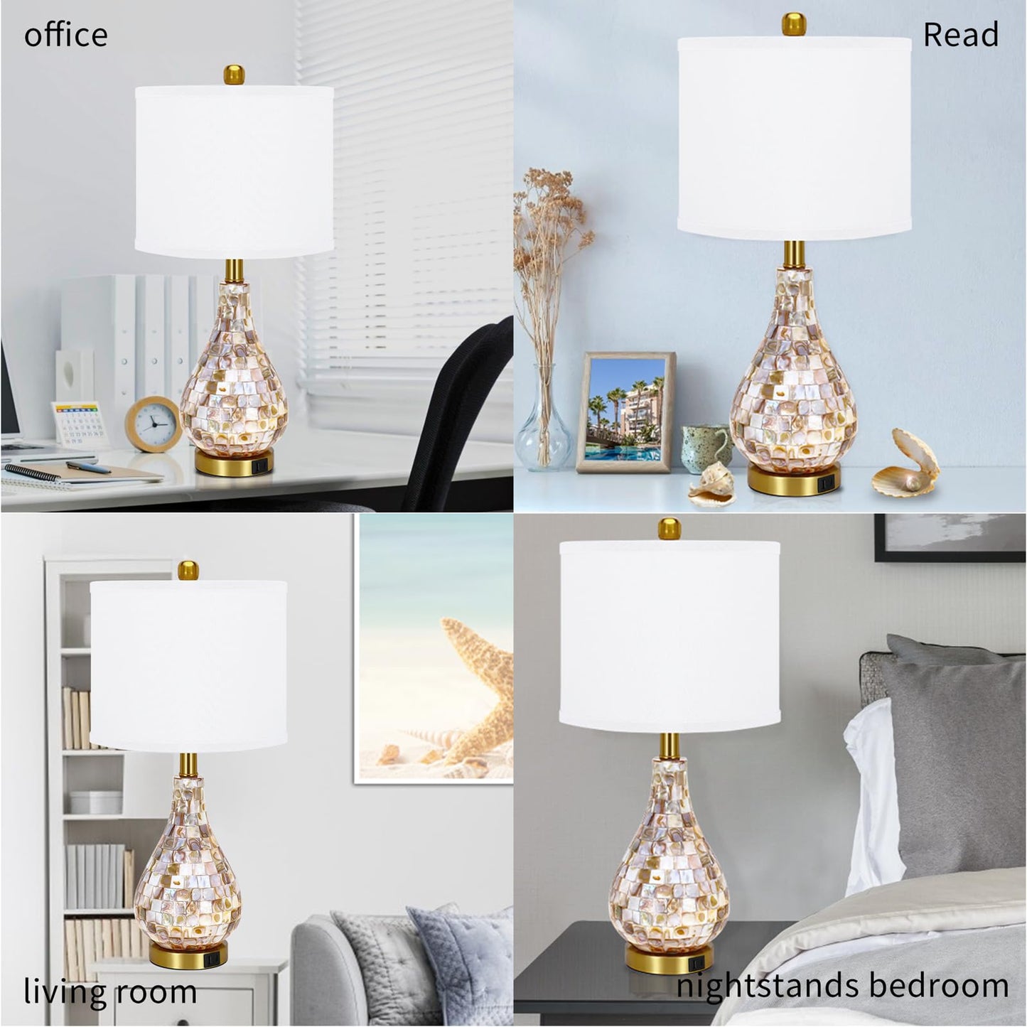 TPAMSWO Modern Coastal Table Lamps Set of 2, Natural Mother of Pearl Tiles 23.5" Bedside Lamp, for Bedroom Living Room Home Nightstand Table Lamp(with USB C+A 5V 2.1A Charging Ports)